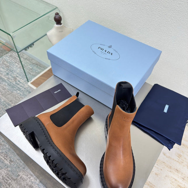 PRADA 25S PLATFORM CHELSEA BOOTS IN BROWN CALFSKIN