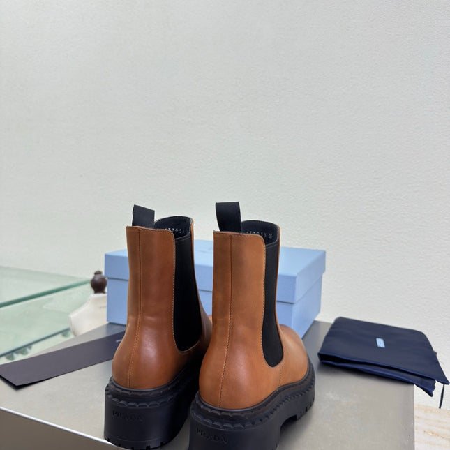 PRADA 25S PLATFORM CHELSEA BOOTS IN BROWN CALFSKIN