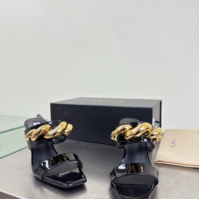 ALAIA 26S DOUBLE STRAP WEDGE SANDALS 110 MM IN BLACK GLOSSY CALFSKIN WITH GOLD HARDWARE