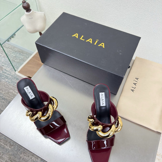ALAIA 26S DOUBLE STRAP WEDGE SANDALS 110 MM IN DARK RED GLOSSY CALFSKIN WITH GOLD HARDWARE