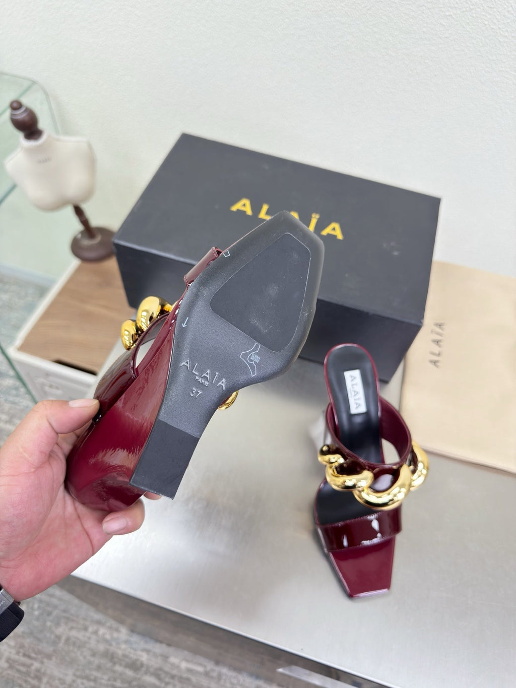ALAIA 26S DOUBLE STRAP WEDGE SANDALS 110 MM IN DARK RED GLOSSY CALFSKIN WITH GOLD HARDWARE