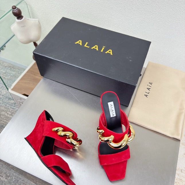 ALAIA 26S DOUBLE STRAP WEDGE SANDALS 110 MM IN RED SUEDE WITH GOLD HARDWARE
