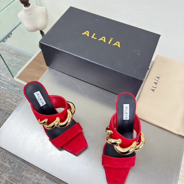 ALAIA 26S DOUBLE STRAP WEDGE SANDALS 110 MM IN RED SUEDE WITH GOLD HARDWARE