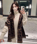 FF 180 CM SCARF IN CAMEL BROWN MIX BLACK CASHMERE AND WOOL