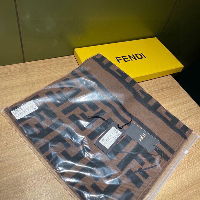 FF 180 CM SCARF IN CAMEL BROWN MIX BLACK CASHMERE AND WOOL