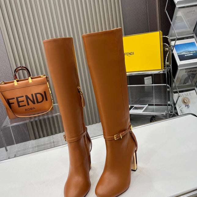 FF HIGH BOOTS IN TAWNY BROWN CALFSKIN GOLD HARDWARE
