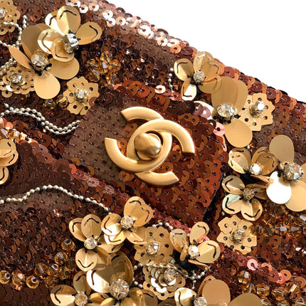CHANEL 26S FLORAL SEQUIN CLASSIC FLAP 21 IN BROWN BRONZE SEQUIN GOLD HARDWARE