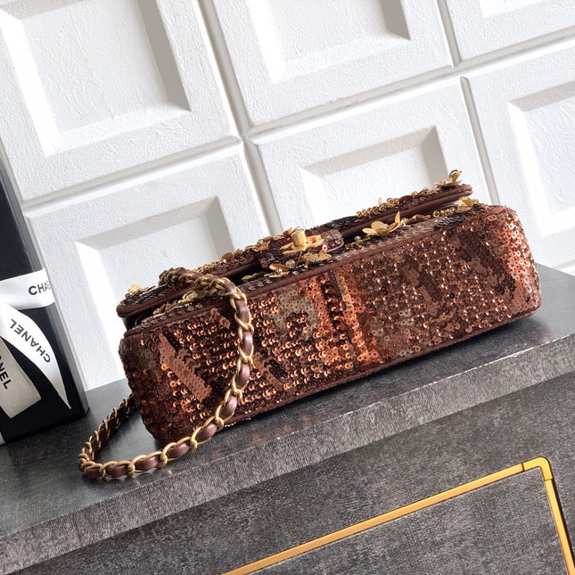 CHANEL 26S CLASSIC FLAP 25 IN BROWN BRONZE SEQUIN GOLD HARDWARE