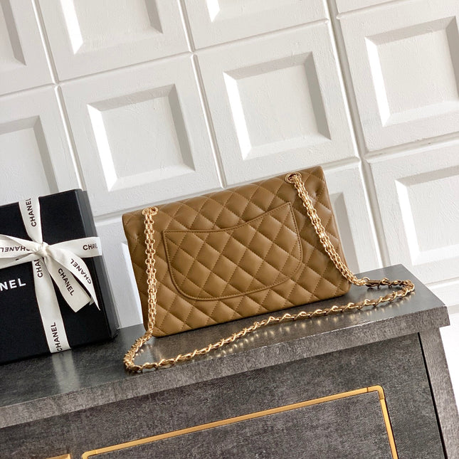 CHANEL 26S QUILTED CLASSIC FLAP MEDIUM BAG 25 IN KHAKI BROWN LAMBSKIN GOLD HARDWARE