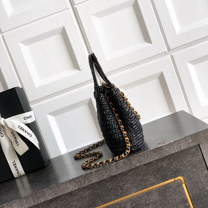 CHANEL 26S TOP HANDLE BAG 19 IN BLACK RAFFIA AND CALFSKIN GOLD HARDWARE