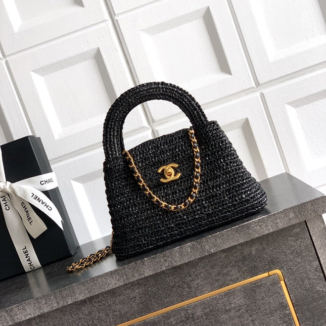 CHANEL 26S TOP HANDLE BAG 19 IN BLACK RAFFIA AND CALFSKIN GOLD HARDWARE