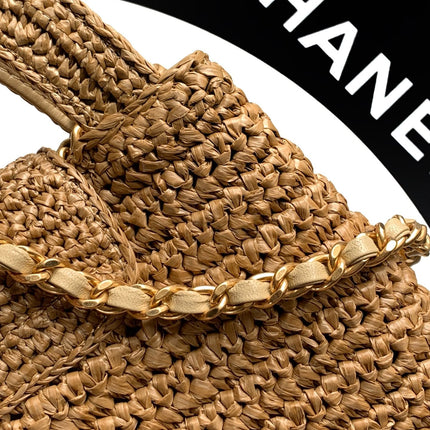 CHANEL 26S TOP HANDLE BAG 19 IN NATURAL RAFFIA AND CALFSKIN GOLD HARDWARE