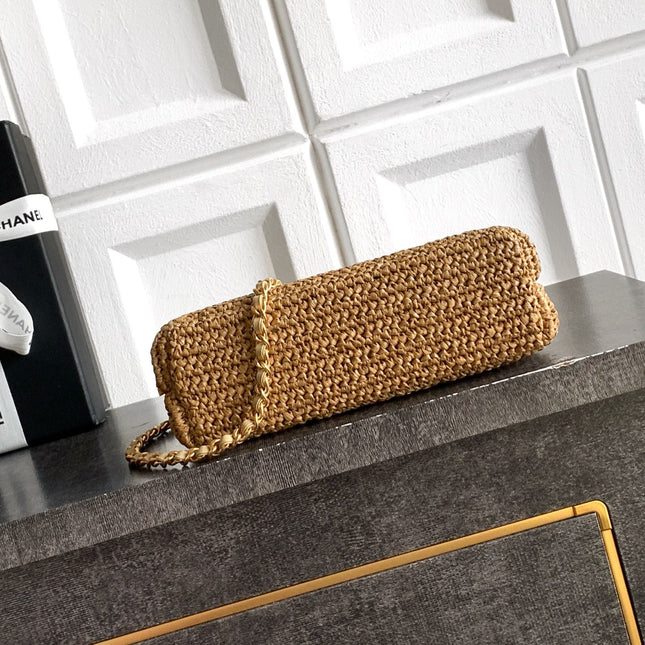 CHANEL 26S TOP HANDLE BAG 19 IN NATURAL RAFFIA AND CALFSKIN GOLD HARDWARE