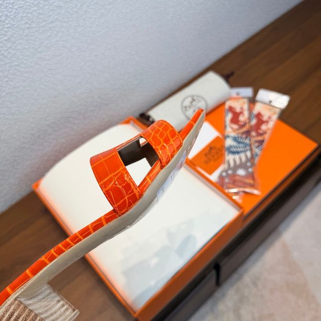 HM 26S ORAN SANDAL HIGH HEELS 45MM IN ORANGE CALFSKIN CROCODILE EMBOSSED