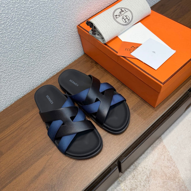 HM 26S KAZIMIR SANDAL IN BLACK CALFSKIN AND DARK BLUE FABRIC