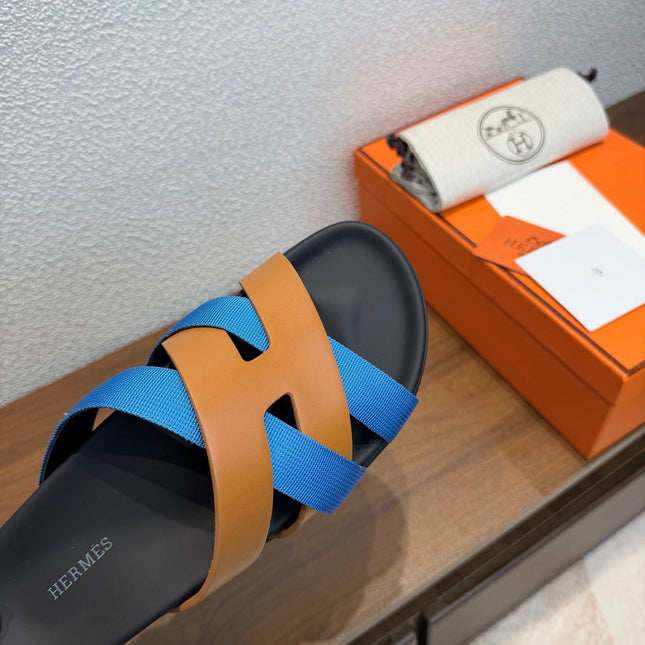 HM 26S KAZIMIR SANDAL IN CARAMEL BROWN CALFSKIN AND BLUE FABRIC
