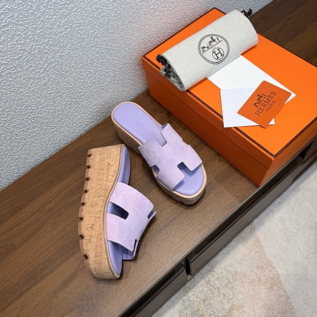 HM 26S H CUT PLATFORM SLIDES IN LAVENDER PURPLE SUEDE CORK SOLE