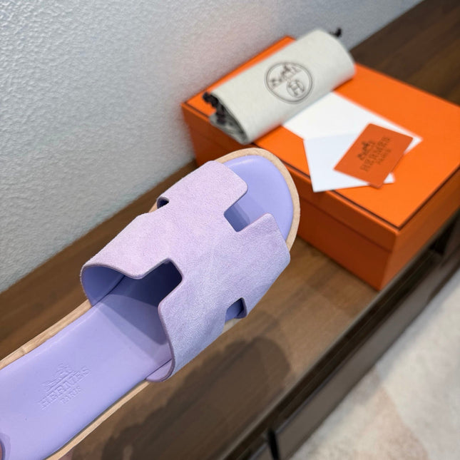 HM 26S H CUT PLATFORM SLIDES IN LAVENDER PURPLE SUEDE CORK SOLE