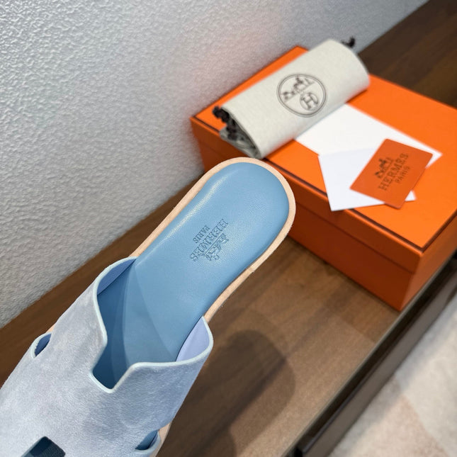 HM 26S H CUT PLATFORM SLIDES IN LIGHT BLUE SUEDE CORK SOLE