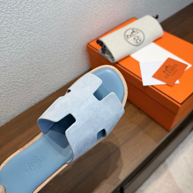 HM 26S H CUT PLATFORM SLIDES IN LIGHT BLUE SUEDE CORK SOLE