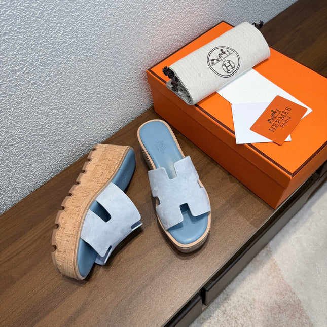 HM 26S H CUT PLATFORM SLIDES IN LIGHT BLUE SUEDE CORK SOLE