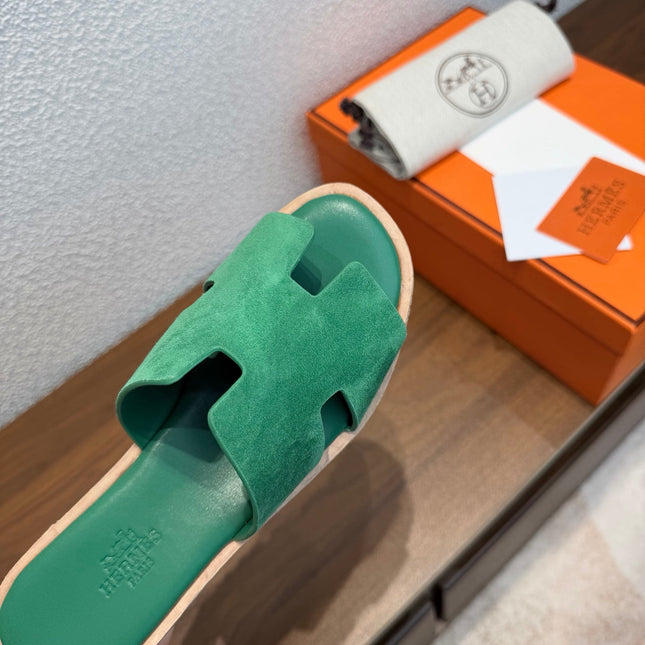 HM 26S H CUT PLATFORM SLIDES IN EMERALD GREEN SUEDE CORK SOLE