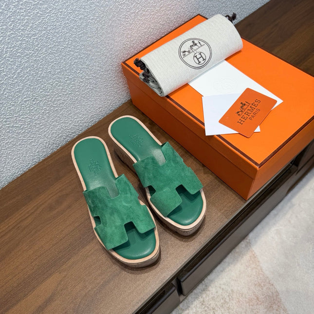 HM 26S H CUT PLATFORM SLIDES IN EMERALD GREEN SUEDE CORK SOLE