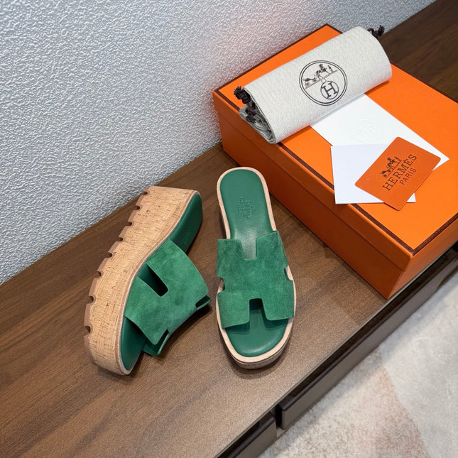 HM 26S H CUT PLATFORM SLIDES IN EMERALD GREEN SUEDE CORK SOLE