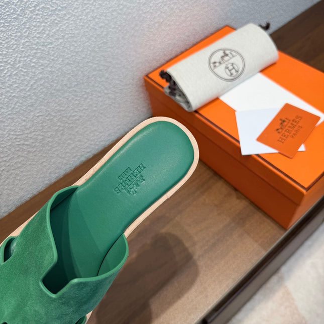 HM 26S H CUT PLATFORM SLIDES IN EMERALD GREEN SUEDE CORK SOLE