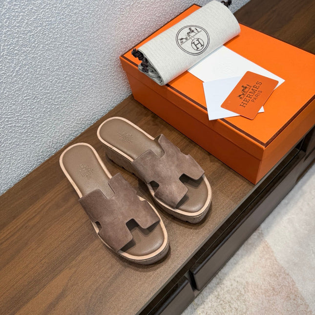 HM 26S H CUT PLATFORM SLIDES IN CHOCOLATE BROWN SUEDE CORK SOLE