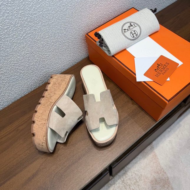 HM 26S H CUT PLATFORM SLIDES IN LIGHT BROWN SUEDE CORK SOLE