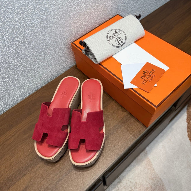 HM 26S H CUT PLATFORM SLIDES IN RED SUEDE CORK SOLE