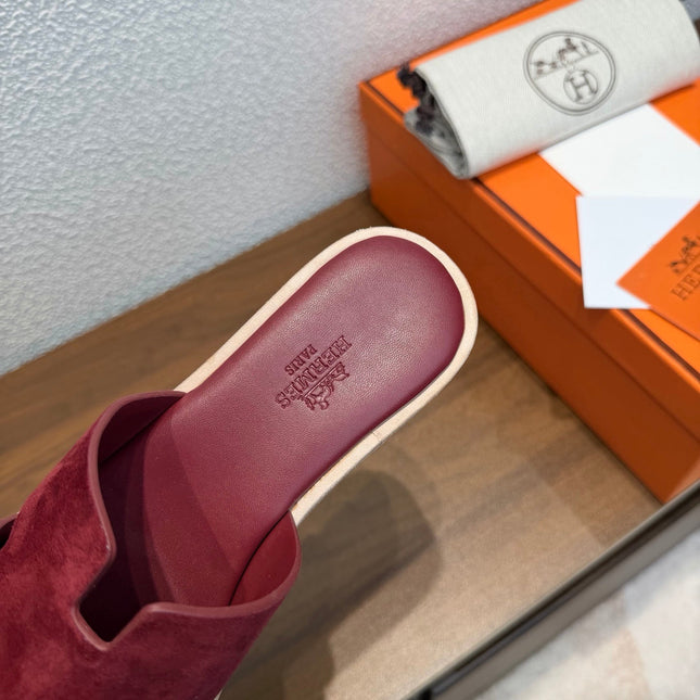 HM 26S H CUT PLATFORM SLIDES IN BURGUNDY RED SUEDE CORK SOLE