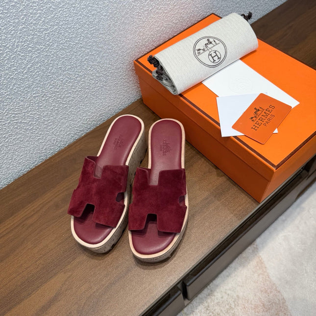 HM 26S H CUT PLATFORM SLIDES IN BURGUNDY RED SUEDE CORK SOLE