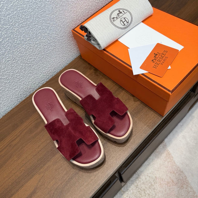 HM 26S H CUT PLATFORM SLIDES IN BURGUNDY RED SUEDE CORK SOLE