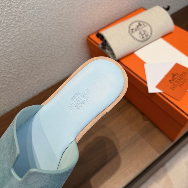 HM 26S H CUT PLATFORM SLIDES IN DUSTY BLUE SUEDE CORK SOLE