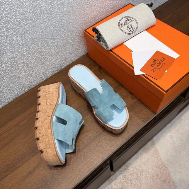 HM 26S H CUT PLATFORM SLIDES IN DUSTY BLUE SUEDE CORK SOLE