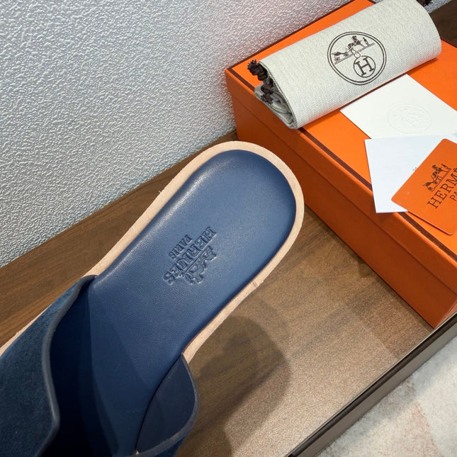 HM 26S H CUT PLATFORM SLIDES IN NAVY BLUE SUEDE CORK SOLE