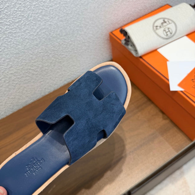 HM 26S H CUT PLATFORM SLIDES IN NAVY BLUE SUEDE CORK SOLE