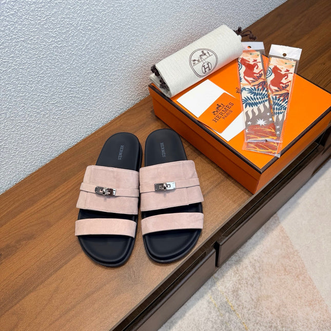 HM 26S KELLY BUCKLE DOUBLE STRAP SANDALS IN LIGHT PINK SUEDE SILVER HARDWARE