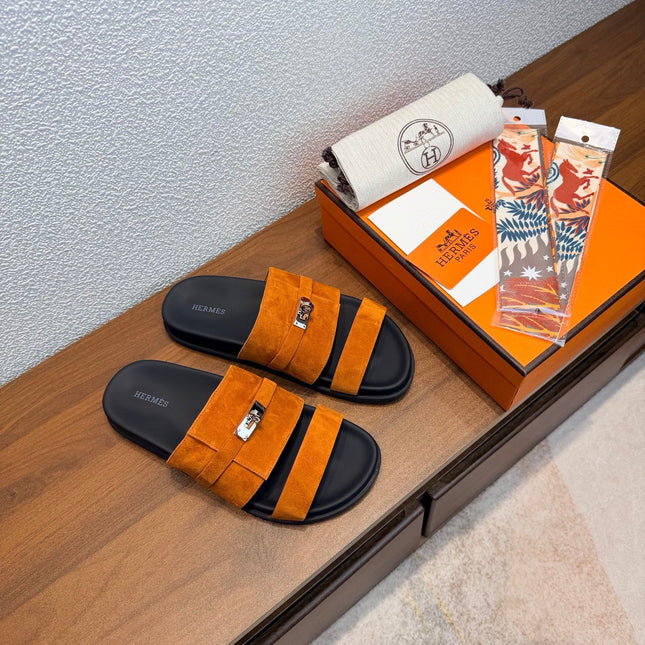 HM 26S KELLY BUCKLE DOUBLE STRAP SANDALS IN BURNT ORANGE SUEDE SILVER HARDWARE