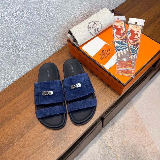 HM 26S KELLY BUCKLE DOUBLE STRAP SANDALS IN DARK BLUE SUEDE SILVER HARDWARE
