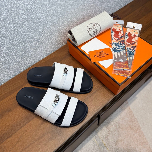 HM 26S KELLY BUCKLE DOUBLE STRAP SANDALS IN WHITE CALFSKIN SILVER HARDWARE