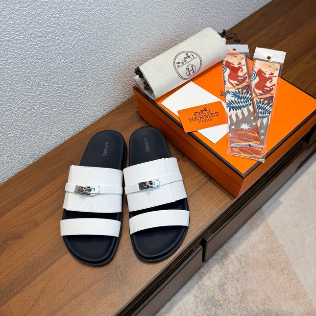 HM 26S KELLY BUCKLE DOUBLE STRAP SANDALS IN WHITE CALFSKIN SILVER HARDWARE