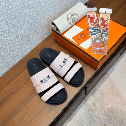HM 26S KELLY BUCKLE DOUBLE STRAP SANDALS IN BABY PINK CALFSKIN