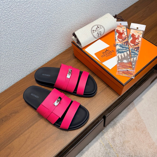 HM 26S KELLY BUCKLE DOUBLE STRAP SANDALS IN RASPBERRY PINK CALFSKIN