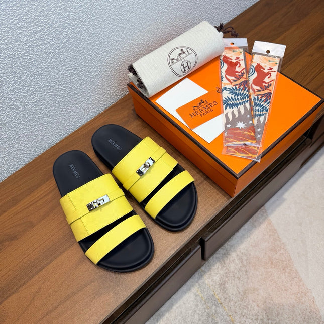 HM 26S KELLY BUCKLE DOUBLE STRAP SANDALS IN YELLOW CALFSKIN