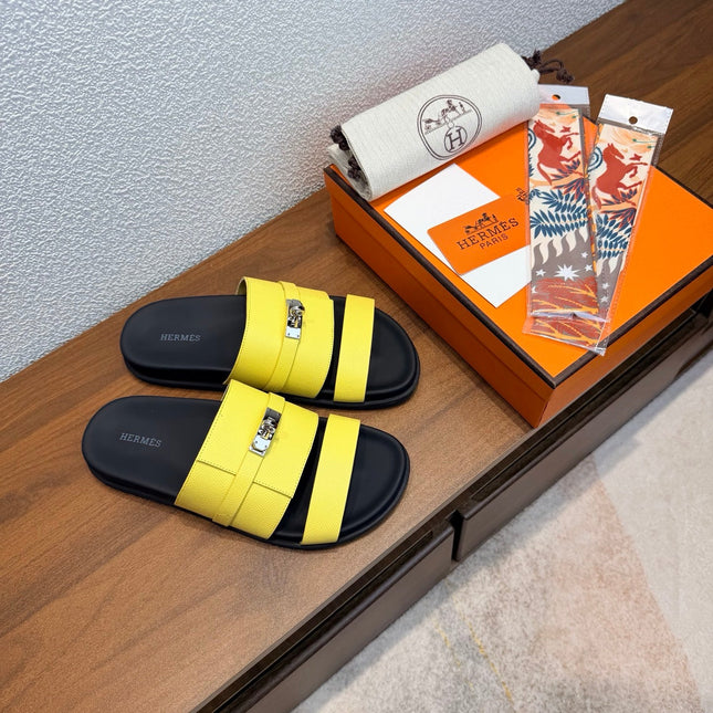 HM 26S KELLY BUCKLE DOUBLE STRAP SANDALS IN YELLOW CALFSKIN
