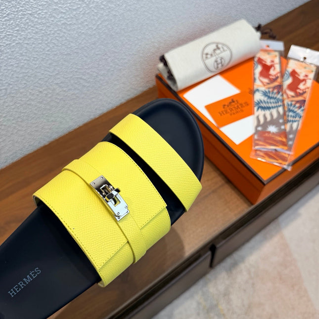 HM 26S KELLY BUCKLE DOUBLE STRAP SANDALS IN YELLOW CALFSKIN