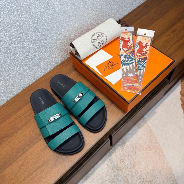 HM 26S KELLY BUCKLE DOUBLE STRAP SANDALS IN TEAL GREEN CALFSKIN